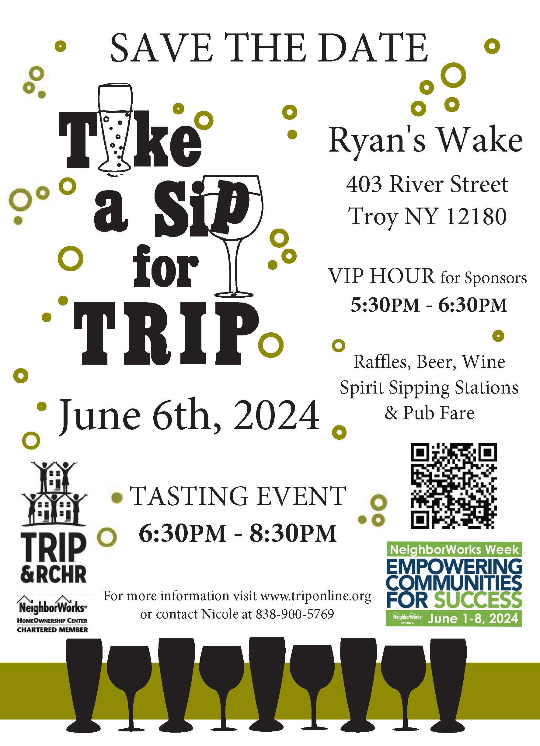 "Take a Sip for Trip" save the date for June 6th, 2024 at Ryan's Wake